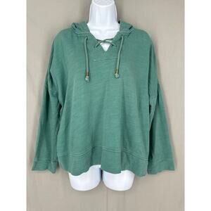 J Jill Hoodie Sweatshirt Womens LP Green Loose Flowy Lace Up Boho Comfy Cozy